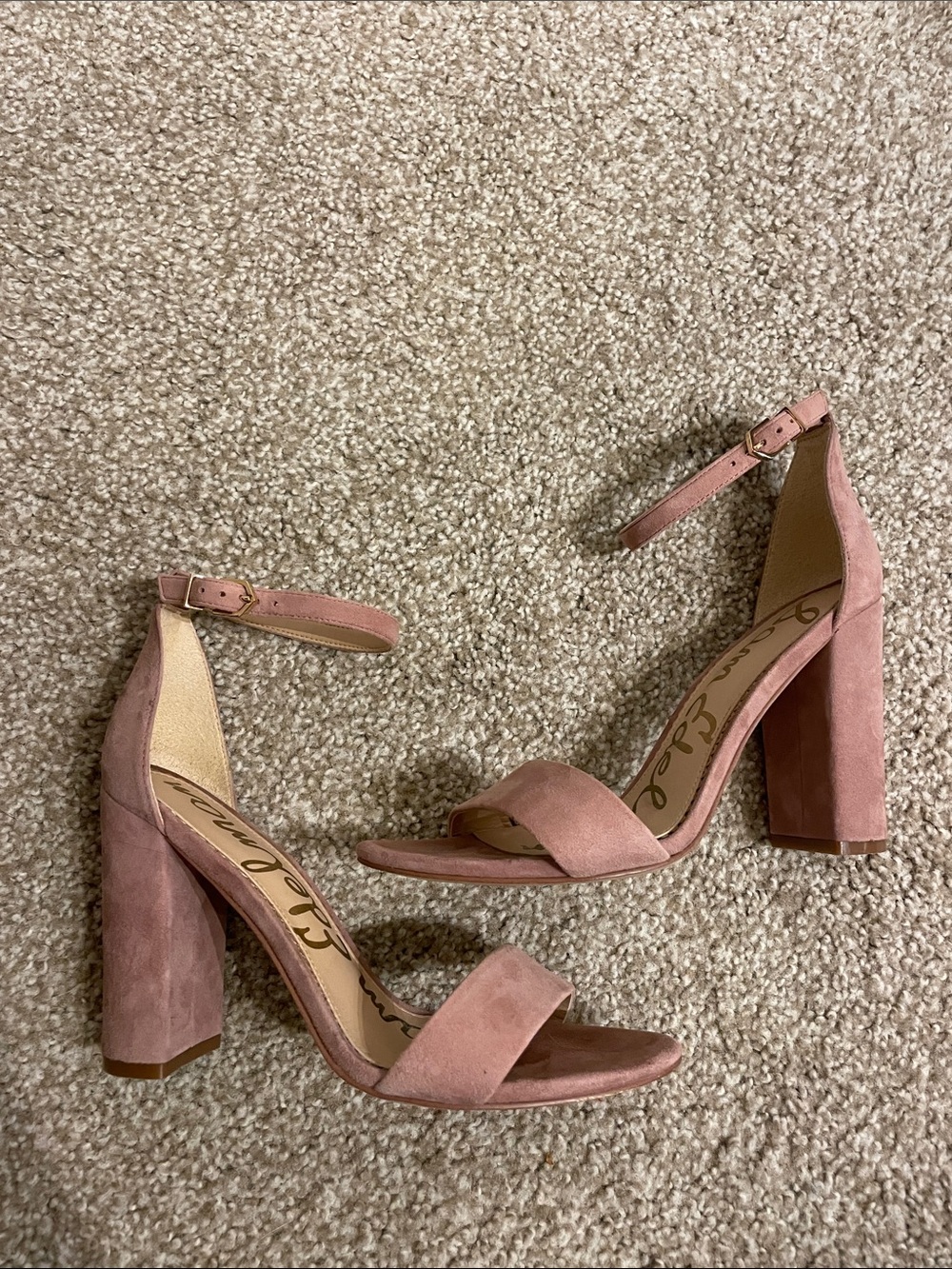 Sam Edelman Dusty Rose Suede Block Heel Ankle-Strap Sandals